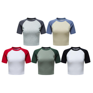 Tops Cortos Casuales de Manga Raglán para Mujer, 100% Algodón, Color Sólido, Cuello Redondo, Transpirables, para Todas las Temporadas, Venta al Por Mayor OEM, Personalizados con Impresión - Product Image 5