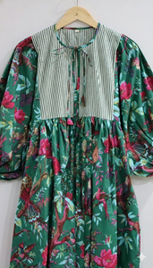 Vestido Midi de Algodón a Rayas para Mujer, Mangas Abullonadas, Corte Entallado, Verano, Casual, Étnico, Ecológico, Lavable, con Botones, Teñido Liso - Product Image 2