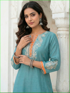 Conjunto de Kurta/Kurti de Seda Azul Polvo con Bordado Gota Mal Chanderi para Fiestas, Todas las Temporadas - Product Image 2