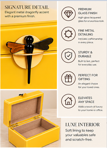 Coffret de rangement pour bijoux en verre jaune doré avec poignée libellule noire, finition brillante, doublure douce, organisateur décoratif pour souvenirs - Product Image 4