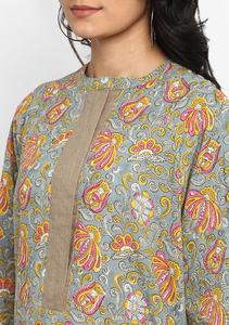 Vestido de caftán nocturno de algodón con estampado floral mostaza bonito bloque de mano con manga larga y detalle de cremallera frontal - Product Image 5