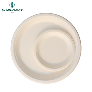 Assiettes jetables rondes STAVIAN de haute qualité, écologiques, 10 pouces, 100% biodégradables, en blanc et brun - Product Image 1