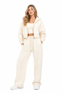 Ensemble de survêtement pour femme avec sweat à capuche court zippé marron chocolat et pantalon à jambe large en molleton de coton GSM, coupe ample, personnalisable, direct usine, OEM - Product Image 5
