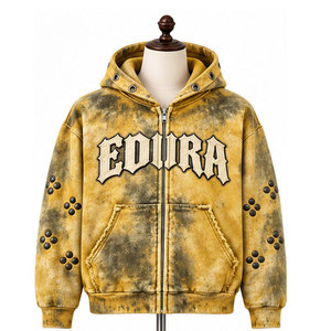 <b>Gothic</b> Letter Print Regular Fit Heavyweight Acid Wash Zip Fleece Winter Streetwear Distressed Vintage <b>Hoodie</b> - Product Image 1