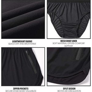 Shorts de sport pour homme, noirs, unis, avec impression par sublimation, coupe classique, séchage rapide, légers, avec poche pour téléphone - Product Image 5