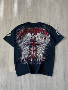 Premium Quality Graphic <b>T</b> <b>Shirt</b> Wings Skull Print Heavyweight Black Tee OEM ODM High Street <b>Gothic</b> Wings Cross Sleeve Print Tees - Product Image 4