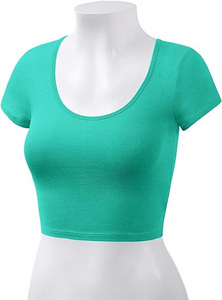 2026 <b>Top</b> Selling Custom Women's Solid Green Scoop Neck Short Sleeve Knitted T-Shirt 100% Cotton Breathable Eco-Friendly <b>Zipper</b> - Product Image 3