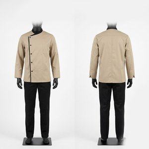Veste de chef en tissu sergé noir Hardson Premium en mélange de coton, manches courtes, 200 GSM, beige, col noir, boutons personnalisés - Product Image 1