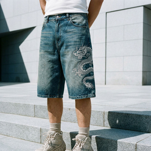Shorts en jean décontractés pour hommes, personnalisables avec étiquette privée, broderie Dragon Blanc, coupe ample, délavage vintage, séchage rapide et respirant - Product Image 2