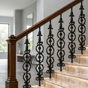 Balustres en fer forgé de style européen, design floral noir, garde-corps d'escalier - Product Image 1