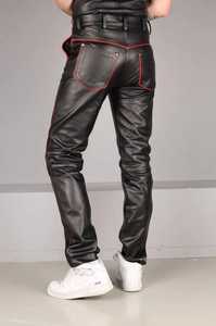 Pantalones de Motociclista de Cuero Negro para Hombre, Cintura Alta, Franja Roja Lateral, Corte Recto, Estilo Biker, para Otoño - Product Image 5