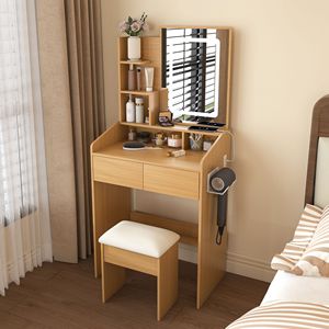 "Compact <b>Makeup</b> Vanity Table with LED <b>Mirror</b> Power Outlet Hairdryer Holder & Stool for Small Bedrooms" - Product Image 3