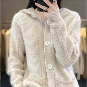 Women's ODM <b>Hooded</b> Long <b>Cardigan</b> Sweater Solid Color <b>Knitted</b> Button Front Standard Acrylic Winter Casual Full Sleeve Embroidery - Product Image 4