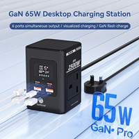 Stop Kontak Ekstensi Daya Digital Pintar 65W dengan Tampilan Layar, GaN Multi Desktop Charging Station, Stop Kontak AC, USB-C Tower Power Strip