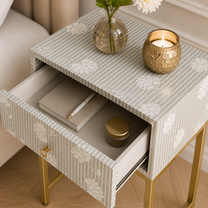 Modern Floral Pattern Nightstand Mirrored <b>Side</b> <b>Table</b> Bedside Cabinet Metal Frame <b>Drawer</b> Storage for Bedroom - Product Image 4