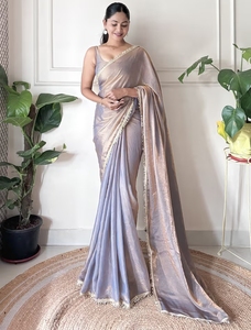 KV Women's <b>Paper</b> Silk Grey Embellished Saree With Unstitched Blouse - Product Image 5