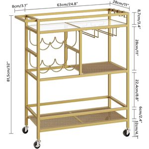 Carrello Bar a 3 Ripiani Dorato per Casa con Ruote e Maniglia, Portabottiglie e Portabicchieri, Set per Servire Bevande - Product Image 4