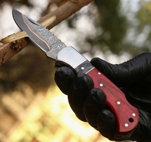 High Quality <b>Copper</b> Damascus Steel Folding Blade Pocket Knife Wholesale Factory Rates wood Handle Tactical Application - Product Image 4