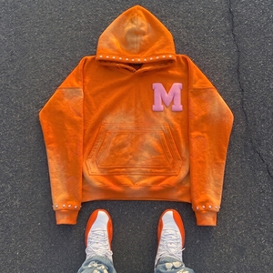 <b>Red</b> Unisex Hoodie Sun Faded Puff Print logo Rhinestone Trim Oversized Streetwear <b>Sweatshirt</b> - Product Image 4