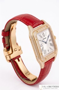 Cartierr Women's Yellow Gold Diamond Rectangle Analog Quartz <b>Watch</b> with Red Leather Strap and Sapphire Crystal Dial - Product Image 5