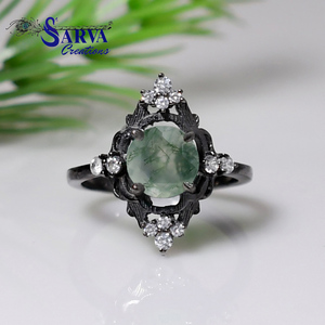 Bague en Agate Mousse Naturelle avec Sertissage à Griffes, Accents en Zircon Cubique, Argent Sterling 925, Style Vintage, pour Fiançailles, Mariage, Fête, Femme - Product Image 1