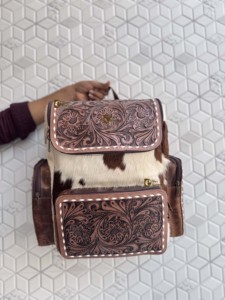 New Hand <b>Tooled</b> Leather Cowhide <b>Backpack</b> With Floral Carving Unisex Bohemian Style Multiple Pockets Zipper Closure Daily Use Bag - Product Image 1