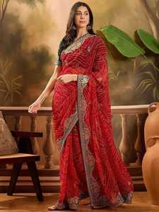 Soft Georgette Bandhani Print Saree Embroidery Work Banglori <b>Satin</b> <b>Blouse</b> Women Quick Dry Modern Festive Wedding Sarees - Product Image 3