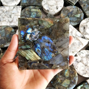 Labradorite & Rainbow moonstone 4inches square, round shape <b>coasters</b> handmade gemstone <b>table</b> <b>coasters</b> for home decor gift - Product Image 3