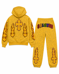 Men's <b>Yellow</b> Rhinestone Tracksuit Set Custom Streetwear <b>Hoodie</b> & Jogger Pants Hip Hop Fashion Tracksuit Manufacturer - Product Image 2