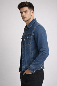 Chaqueta vaquera azul para hombre con tela de algodón elástico de primera calidad, corte ajustado y estructura entallada, cierre con botones metálicos resistentes. - Product Image 2