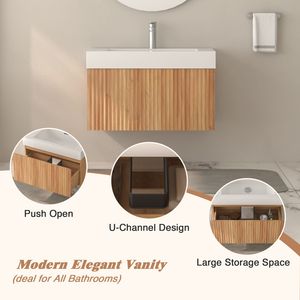 Mobile Bagno Moderno Minimalista da 30 Pollici Sospeso a Parete con Lavabo Integrato e Finitura in Compensato - Product Image 3