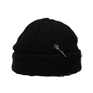 Gorro de punto rasgado estilo Y2K con pestañas metálicas y anillo de seguridad, gorro unisex estilo streetwear, hip hop, grunge, moda. - Product Image 5