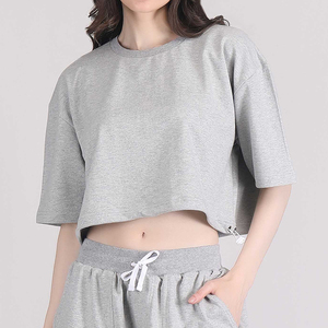 Camiseta Corta Oversize de Algodón 100% Gris Jaspeado para Mujer, Estilo Urbano, Manga Corta, Bajo Ajustable, Holgada - Product Image 1
