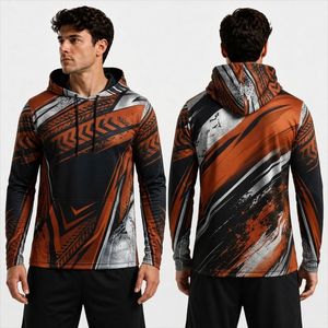 Orange <b>Black</b> Abstract Wave <b>Long</b> <b>Sleeve</b> Sublimation Hoodie Shirt Durable Lightweight Moisture Wicking <b>Gym</b> Wear Shirts - Product Image 1