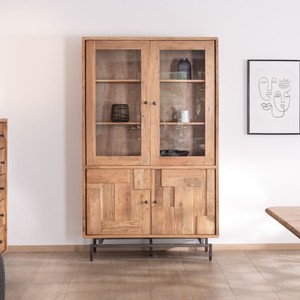 Vitrina de estilo retro de 4 puertas Vandana Urban Comfort, grande, en madera de acacia y metal con frentes con diseño de rompecabezas. - Product Image 1