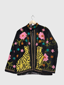 Veste en velours brodée de fleurs, col mandarin, manches chauve-souris, taille plus, style blouson pour femmes, automne - Product Image 4