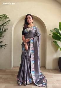 Colección de sari y blusa Tussar con bordados de aspecto magnífico, de última colección, a precio de mayorista, proveedor de la India. - Product Image 6