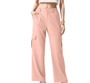 Pantalones Cargo de Cintura Alta para Mujer, Color Azul Claro Sólido, Corte Holgado, Cintura Elástica, Largos, Casuales, Transpirables, de Tela Tejida para Verano - Product Image 4