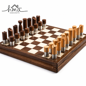 Dark Brown And Natural Wooden <b>Chess</b> <b>Set</b> Square Checkered <b>Board</b> Cylindrical Metal Base <b>Chess</b> Pieces Luxury Game - Product Image 1