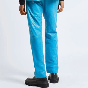 Men's High Waist Straight Fit Blue Leather <b>Trousers</b> Button Closure Casual Style Woven Fabric Flat Front Design - Product Image 4