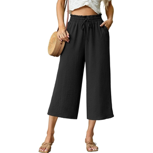 Women 2025 <b>Summer</b> New Chic Fashion Flax Wide Leg Pants Breathable Elastic Waist Vintage High Waist Full Length <b>Trousers</b> - Product Image 2