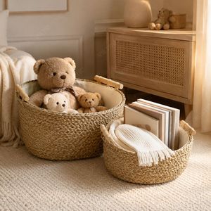 CALA <b>LINEN</b> Woven Seagrass Eco-Friendly Simple Oval <b>Storage</b> Baskets-Lined Organizer Bins with Wood Handles - Product Image 5