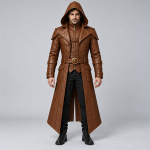 Manteau long en cuir marron vintage pour homme, style gothique, avec capuche, style steampunk, ceinture ajustable à la taille, vente en gros personnalisée - Product Image 4