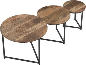 Ensemble de 3 tables basses rondes en bois de manguier massif, finition grain naturel, base en métal noir, très demandées - Product Image 6