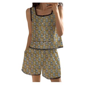 Pijama corto de algodón con estampado floral y ribete de encaje, conjunto de pijama sin mangas con botones para primavera/verano, estampado en bloques. - Product Image 2
