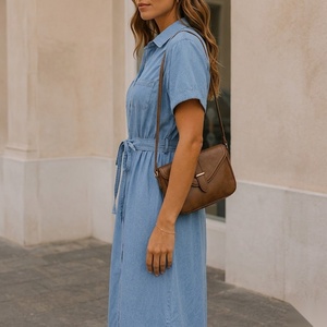 Vestido Camisero de Chambray con Cinturón, Manga Corta, Maxi, Casual, Verano, Cuello con Solapa, Dobladillo Recto, Corte Holgado - Product Image 4