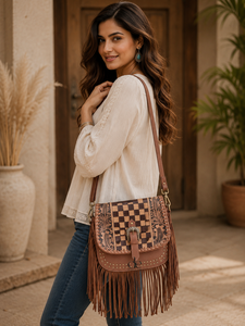 Bolso de mano con flecos para mujer, tallado a mano, de cuero, estilo gitano bohemio, hecho a mano, de cuero auténtico, estilo occidental, multiusos. - Product Image 6