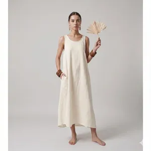 Premium Ivory Plain Cotton Midi <b>Dress</b> With Sleeveless <b>Loose</b> Fit Boho Style Summer Casual <b>Dress</b> For Women - Product Image 4