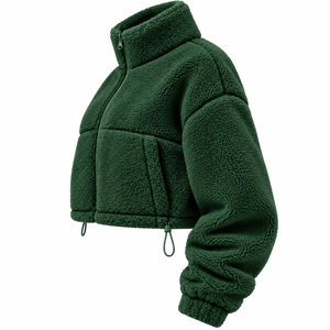 <b>Beige</b> Cropped Sherpa Fleece Zip-Up <b>Jacket</b> with Stand Collar Pockets Unisex Oversized Casual Winter Wear OEM Service 100% Cotton - Product Image 4