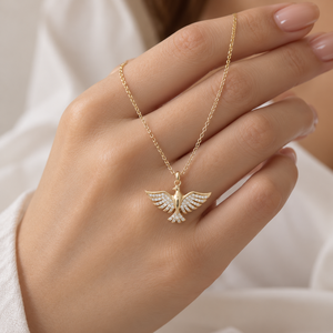 สร้อยคอทอง 14K ประดับเพชรแล็บ 0.17 กะรัต รูปนกฟีนิกซ์ เครื่องรางนำโชค สี E ความสะอาดระดับ VS2 จี้รูปนกในตำนาน สื่อถึงความแข็งแกร่งและการเกิดใหม่ - Product Image 1